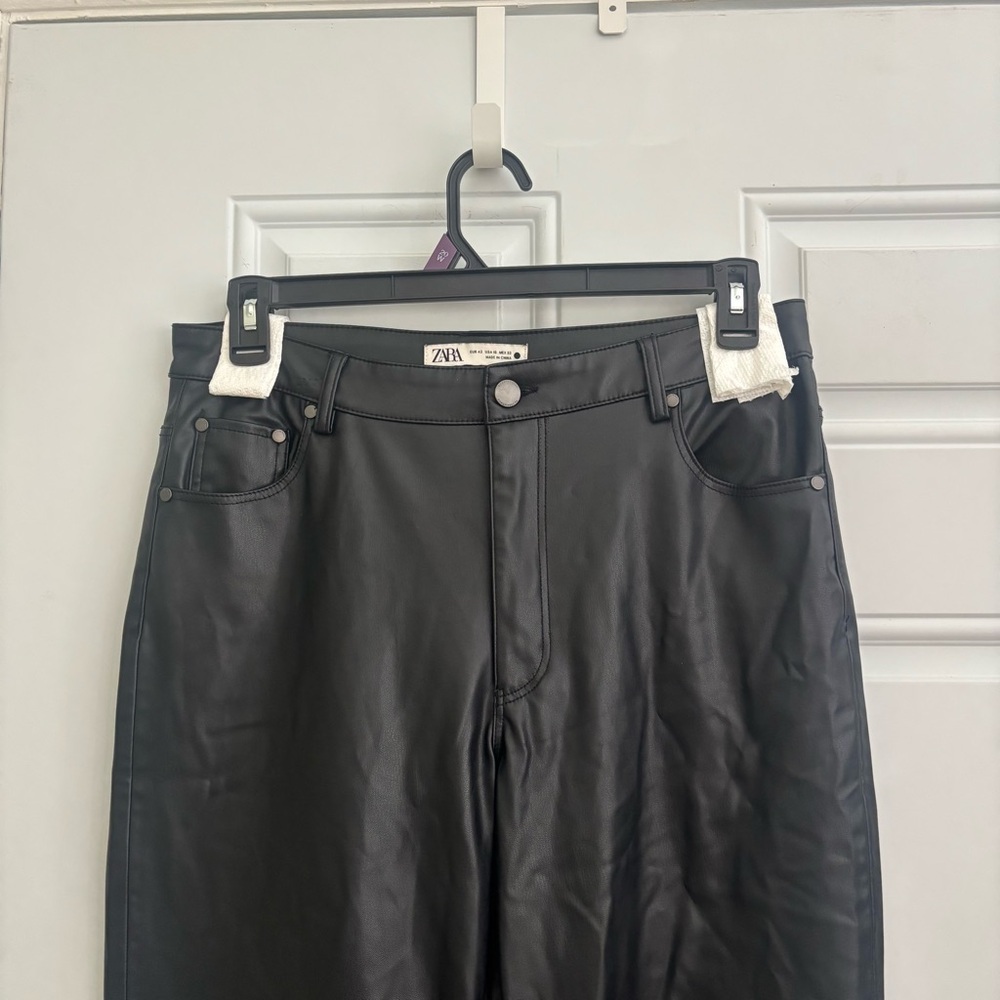 Zara Black Faux Leather Tailored Wide Leg Pants, Size 10 - Picture 2 of 11